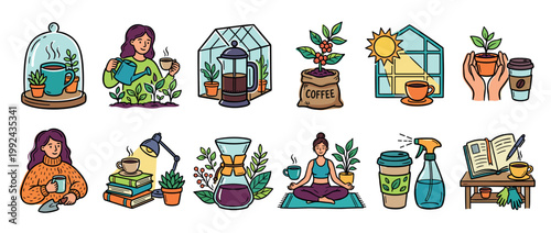 Colorful hand-drawn illustration set featuring coffee and houseplant icons for a cozy lifestyle, showing gardening, reading, and yoga with warm beverages in a cute doodle style