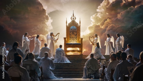 Divine Gathering: Angels, Celestial Throne, and Worshippers Amidst Glowing Clouds