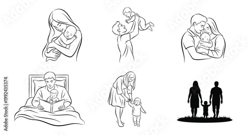 Family moments a collection of line art depicting parents and children