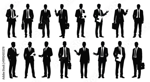 Silhouettes of businessmen in suits various poses on a white background