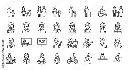 Diverse collection of black and white line icons representing various professions