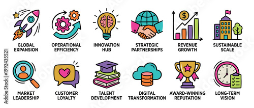 Set of twelve colorful business icons representing key corporate goals like operational efficiency, customer loyalty, digital transformation, and sustainable growth in a modern outline style