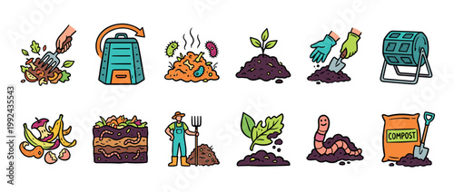 Colorful composting and gardening icon set illustration showing the process of recycling organic waste, including food scraps, worms, bins, and rich soil for planting in a doodle style