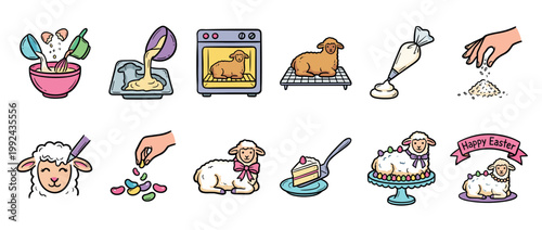 Set of twelve cute illustrations showing the step-by-step recipe for baking and decorating a traditional lamb-shaped Easter cake with frosting and colorful candy