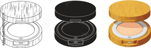 Collection of compact powder makeup containers including line art black silhouette and realistic wood grain design isolated on white