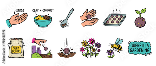 Colorful hand-drawn infographic icon set illustrating the step-by-step process of making seed bombs for guerrilla gardening, from mixing ingredients to growing flowers for pollinators