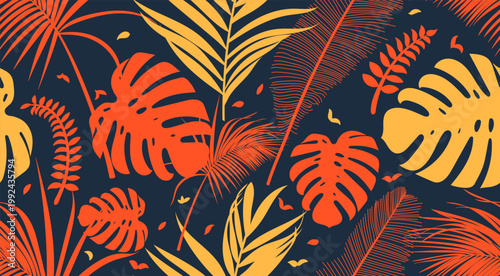 Seamless leaves pattern. Tropical exotic flowers pattern, jungle, hand painted palms, spots. Hand drawn flowers and leaves. Vector summer vacation textile design, banner, wallpaper, background, print.