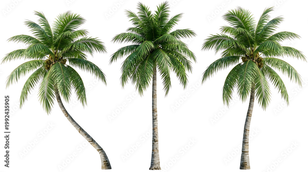 Obraz premium Three distinct palm trees with lush green fronds, isolated on a white background.