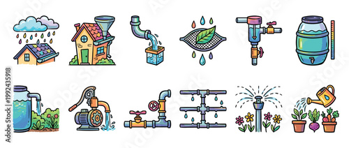 Colorful hand-drawn set of icons showing water conservation, rainwater harvesting, and garden irrigation systems like sprinklers, pumps, and drip lines in a cute cartoon doodle style