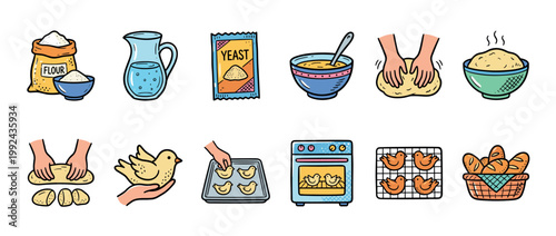 Set of colorful doodle illustrations showing the step-by-step process of baking homemade bird-shaped bread buns from scratch, from ingredients to the final baked goods