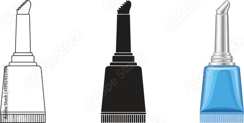 Set of three liquid dispenser bottles including outline silhouette and realistic blue design isolated on white background for product concep