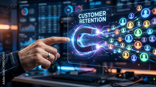 Hand interacting with digital customer retention concept on transparent screen