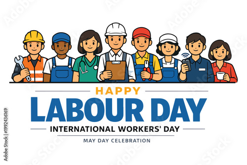 Happy Labour Day Illustration of Diverse Workers Celebrating International Workers' Day and May Day