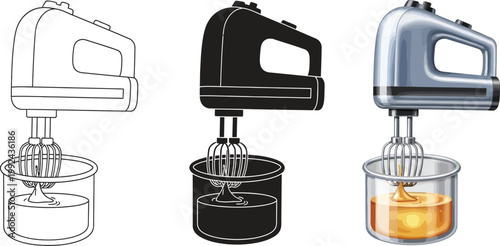 Hand mixer set in different styles line art silhouette and realistic vector illustration for cooking and baking concepts