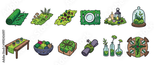 Collection of hand-drawn moss decoration illustrations showing various eco-friendly rustic decor ideas like table settings, centerpieces, gifts, and terrariums in a charming cartoon style