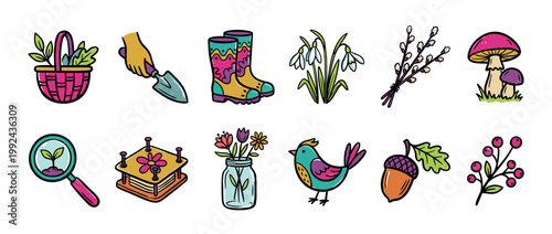 Set of colorful spring gardening icons featuring a basket, boots, flowers, a bird, and a trowel in a cute hand-drawn doodle style illustration for seasonal design elements