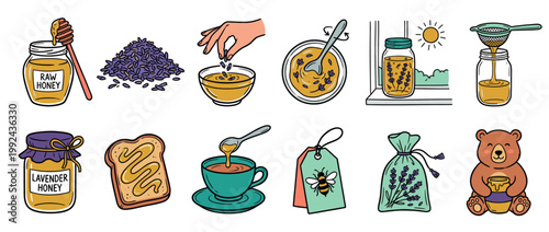 Set of hand-drawn honey and lavender illustrations showing jars, a cute bear, toast, tea, and the process of making infused honey in a charming doodle style