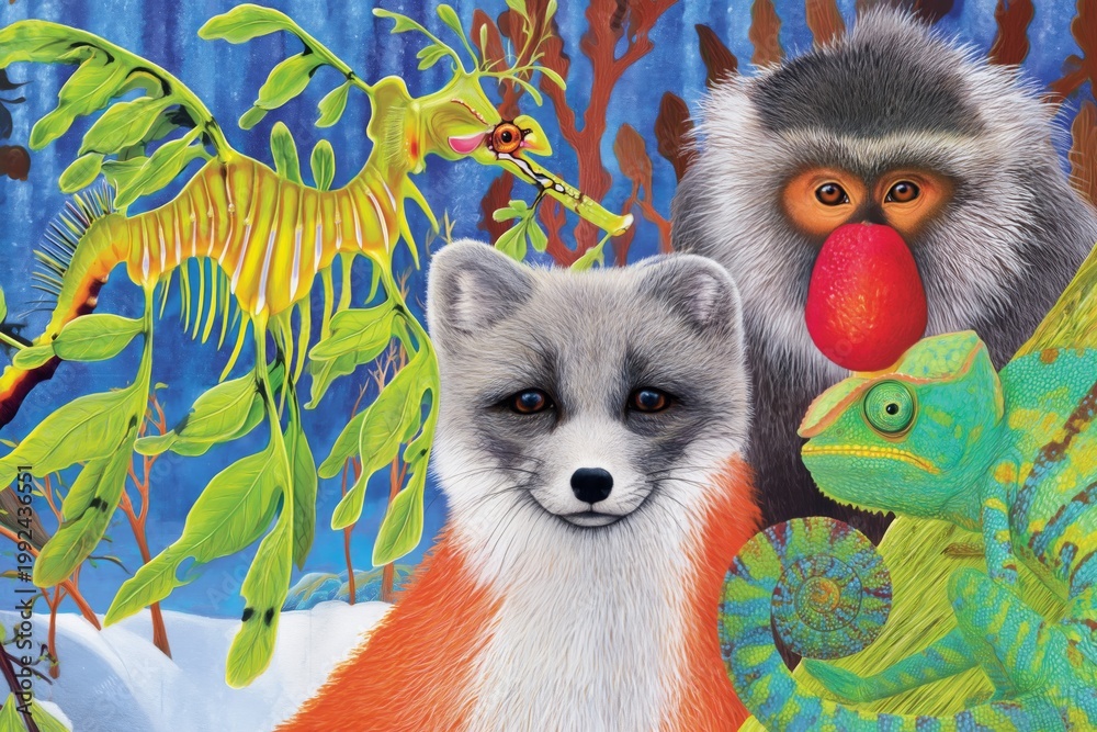 Fototapeta premium Animals in a Colorful Underwater Scene With Plants and Coral