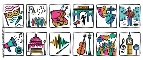 Set of colorful hand-drawn icons depicting city life, music, street performance, and cultural arts in a vibrant, sketchy doodle style collection for various creative concepts