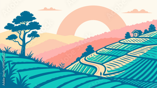 Scenic sunrise over layered farmland with rolling hills and trees. Clean vector style, soft pastel tones, ideal for agriculture, nature, and eco-themed designs.