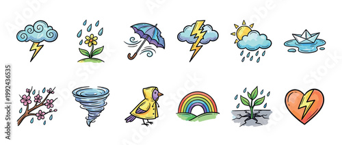 Collection of colorful hand-drawn weather icons showing various spring phenomena like storms, rain, wind, and rainbows in a cute doodle style for meteorological concepts