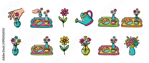 Colorful set of hand-drawn doodle icons featuring breakfast in bed trays, flowers in vases, and a watering can, creating a cheerful and whimsical spring-themed collection