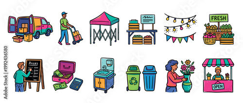 Vibrant set of street fair illustrations showing a market stall, vendor, fresh produce, delivery, money, recycling bins, and a pop-up tent in a charming hand-drawn doodle style