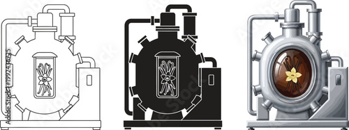 Industrial laboratory equipment scientific experiment apparatus and chemical reaction vessel icons vector illustration