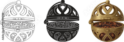 Ornate spherical potpourri holder vintage decorative incense burner isolated on white background for design