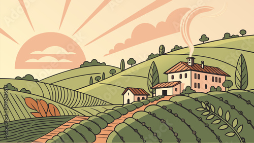 Rural village surrounded by terraced farmland and rolling hills. Warm earthy tones and clean vector lines, ideal for agriculture, sustainability, and countryside concepts.