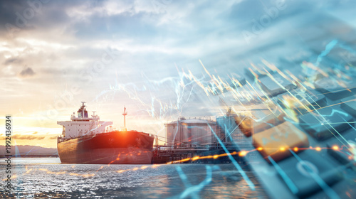 Tanker docks near fuel terminal under an evening sky filled with promise