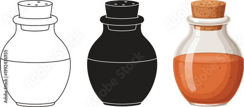 Set of three potion bottles outline silhouette and colored liquid isolated on white background for fantasy or science projects