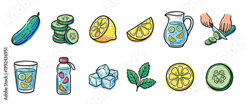 Collection of colorful doodle illustrations featuring infused water ingredients like fresh cucumber, lemon, mint, ice, a pitcher, glass, and a reusable bottle