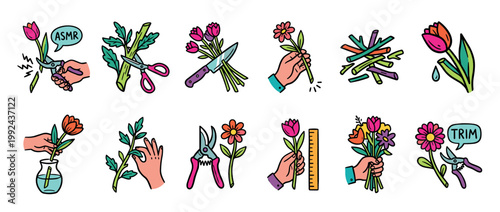 Colorful set of flower arranging icons showing hands trimming stems with shears, creating bouquets, and caring for fresh tulips in a cute, hand-drawn doodle style illustration