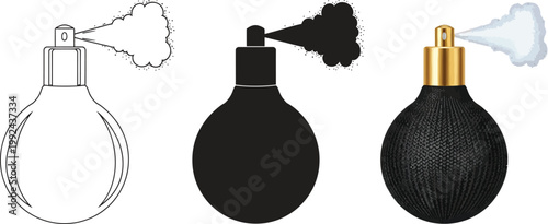 Collection of vintage perfume bottle spray icons including outline silhouette and realistic styles for beauty and fragrance concepts