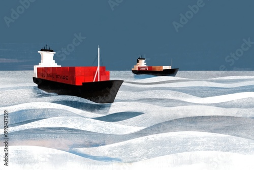 Cargo Ships Navigate the Waves in a Calm Ocean Scene Under Blue Skies in the Early Morning