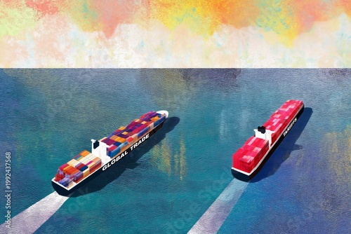 Cargo Ships Navigate the Waves in a Calm Ocean Scene Under Blue Skies in the Early Morning