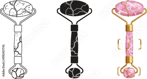 Set of three facial massage rollers including line art silhouette and colored quartz designs isolated on white background