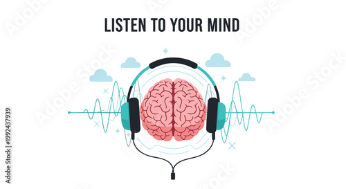 Mindfulness, brain, headphones, mental health, wellness, vector icon