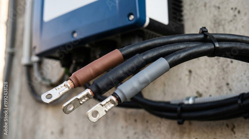 Three Phase Electrical Power Cables with Color Coded Heat Shrink Tubing and Ring Terminals for Inverter Installation