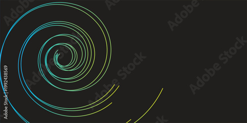 Abstract spiral background with thin blue and lime green gradient lines on black. Modern futuristic vortex design with curved strokes, creative digital art vector illustration.