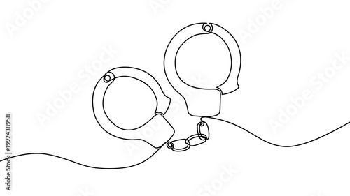 Continuous one line handcuff handcuffs crime criminal drawing police single. Handcuff one line art justice hand jail handcuffed arrest stroke prisoner law lawyer prison person vector illustration.