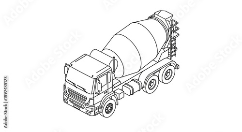 Concrete Mixer Truck Line Art Illustration.