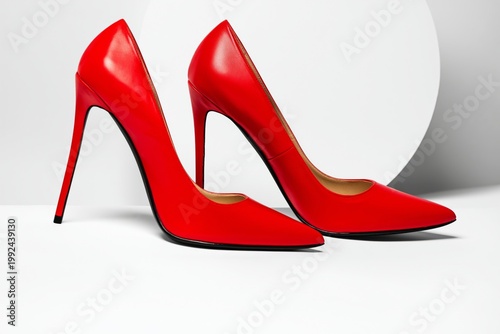 Stylish Red High Heels on a White Surface With a Gray Background