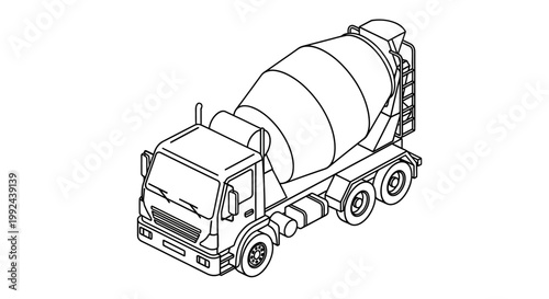 Concrete Mixer Truck Line Art Illustration.