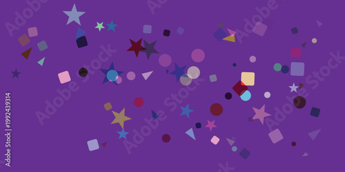 Scattered colorful geometric shapes and stars in various translucent and opaque tones across a solid purple background representing abstract design elements