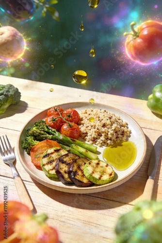 Top view of healthy Mediterranean plate with grilled vegetables and grains