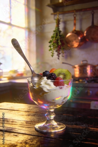 Creamy fruit dessert in glass on dark wooden table with soft window light