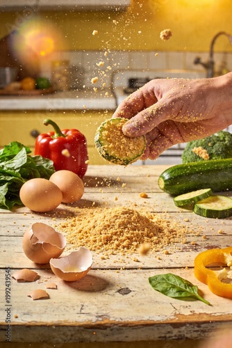 Homemade cooking ingredients with hand breading vegetable slice in kitchen