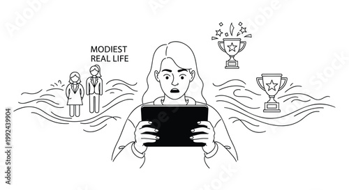 Vector illustration of woman with tablet, modest real life, social media comparison, digital isolation